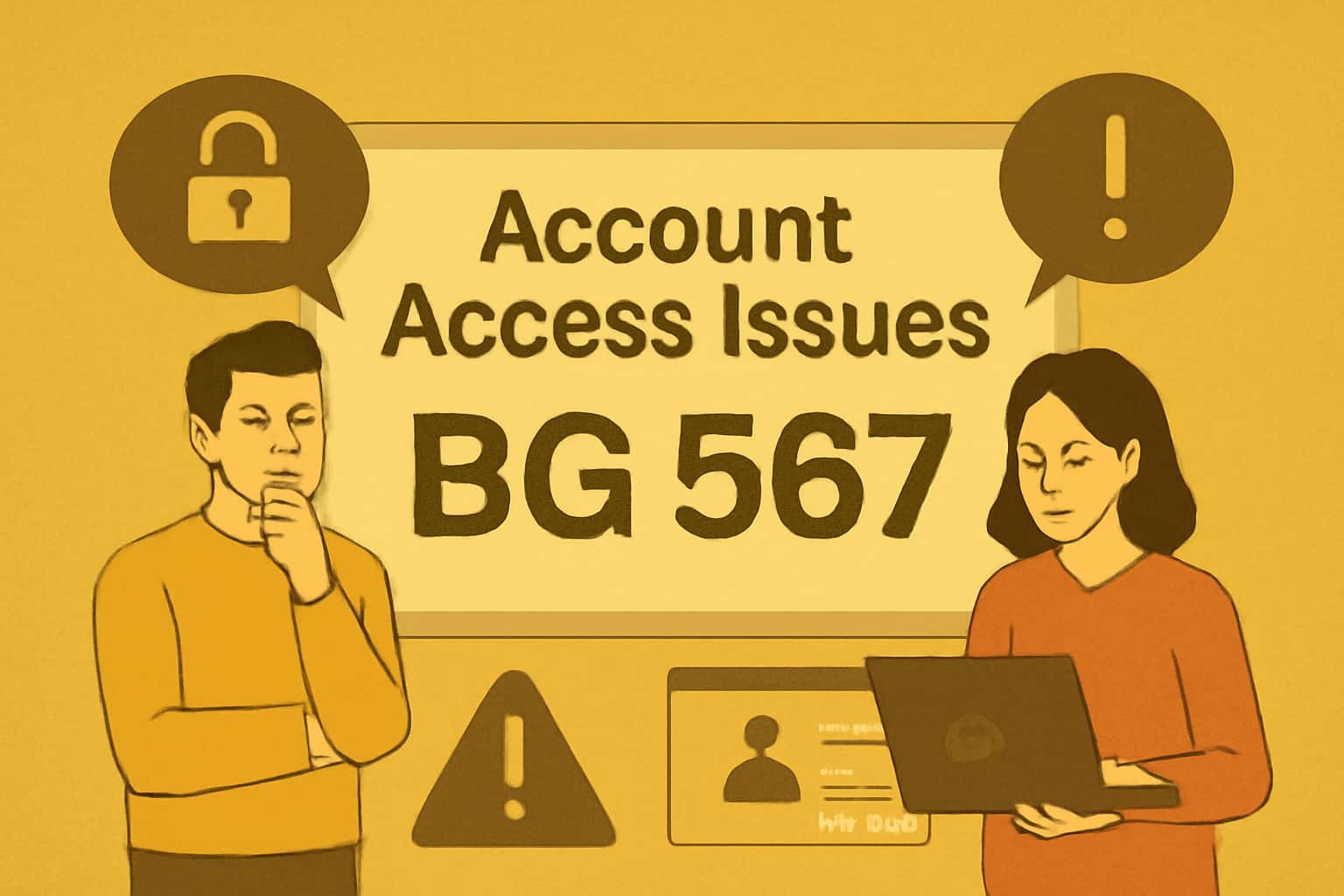 An informative scene depicting a computer screen with issues related to account access, featuring the text BG 567.